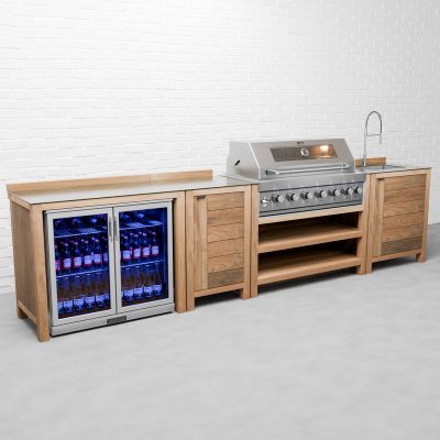 Draco Grills Teak 6 Burner Outdoor Kitchen with Modular Double Fridge, Single Cupboard, Sink