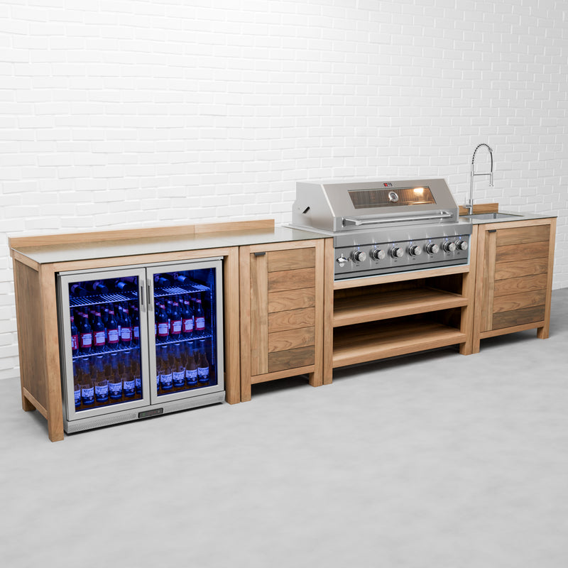 Draco Grills Teak 6 Burner Outdoor Kitchen with Modular Double Fridge, Single Cupboard, Sink