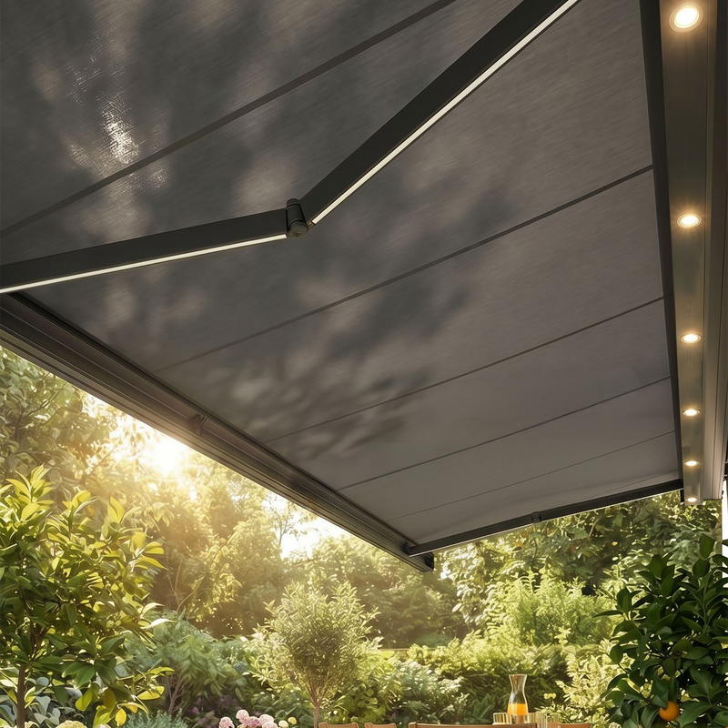 Bracken Outdoors 5m x 3m Charcoal Grey Motorised Garden Awning with LED Lights - Image 5
