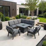 Bracken Outdoors Miami Dark Aluminium Compact Corner Set with Fire Pit Table and 2 Arm Chairs