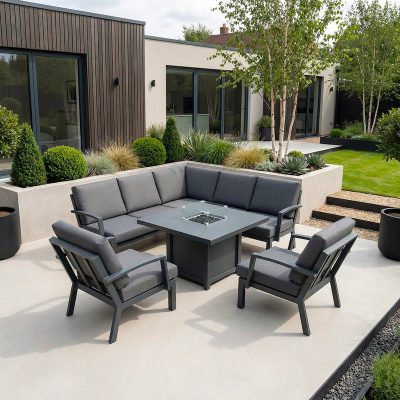 Bracken Outdoors Miami Dark Aluminium Compact Corner Set with Fire Pit Table and 2 Arm Chairs