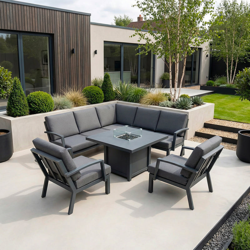 Bracken Outdoors Miami Dark Aluminium Compact Corner Set with Fire Pit Table and 2 Arm Chairs