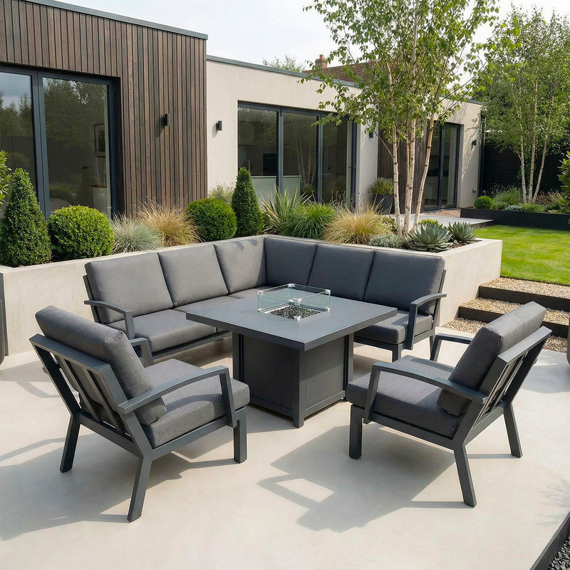 Bracken Outdoors Miami Dark Aluminium Compact Corner Set with Fire Pit Table and 2 Arm Chairs - Image 5