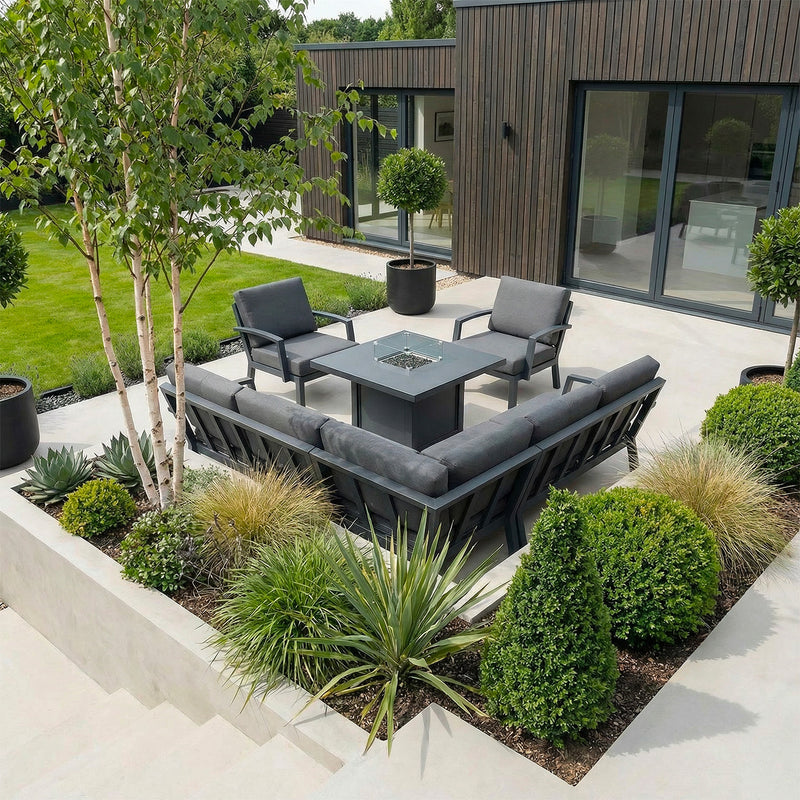 Bracken Outdoors Miami Dark Aluminium Compact Corner Set with Fire Pit Table and 2 Arm Chairs - Image 6