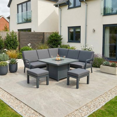 Bracken Outdoors Miami Dark Aluminium Compact Corner Set with Gas Fire Pit Table and Stools