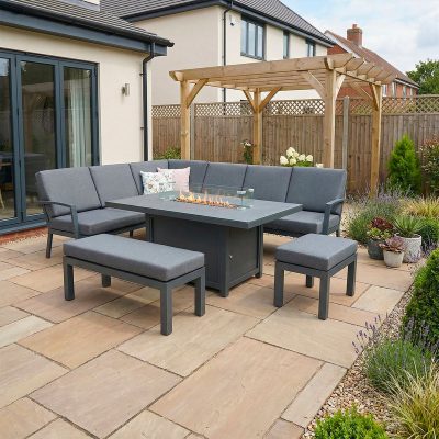 Bracken Outdoors Miami Dark Aluminium Rectangular Corner Set with Firepit Table, Bench and Stool