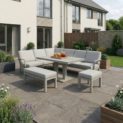 Bracken Outdoors Miami Stone Aluminium Rectangular Corner Set with Adjustable Table, Bench & Stool