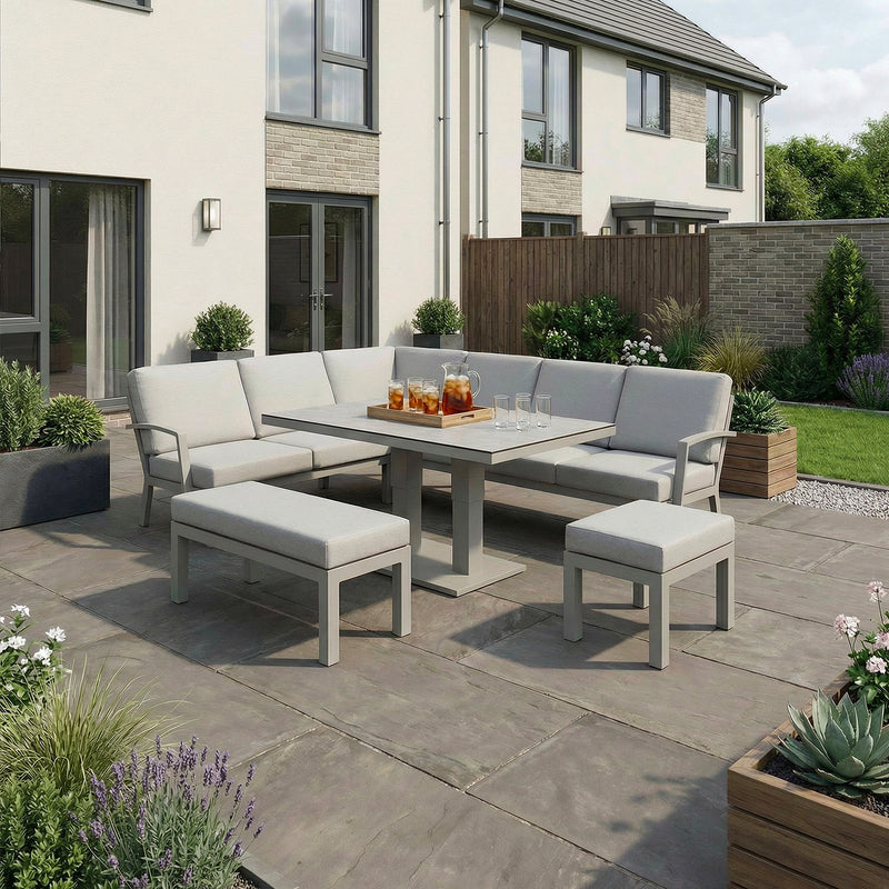 Bracken Outdoors Miami Stone Aluminium Rectangular Corner Set with Adjustable Table, Bench & Stool
