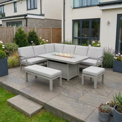 Bracken Outdoors Miami Stone Aluminium Rectangular Corner Set with Firepit Table, Bench & Stool
