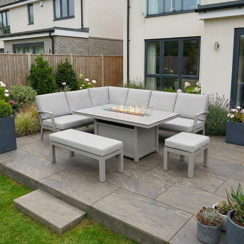 Bracken Outdoors Miami Stone Aluminium Rectangular Corner Set with Firepit Table, Bench & Stool