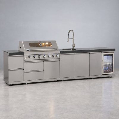 Draco Grills 6 Burner BBQ Modular Outdoor Kitchen with Double Drawers and Single Fridge And Sink Units