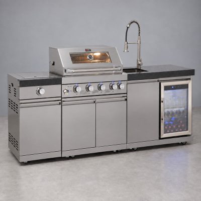 Draco Grills 4 Burner BBQ Modular Outdoor Kitchen with Sideburner and Sink and Fridge Unit