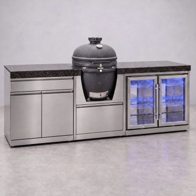 Draco Grills Stainless Steel Kamado Egg 22" Outdoor Kitchen with Double Fridge and Cabinet