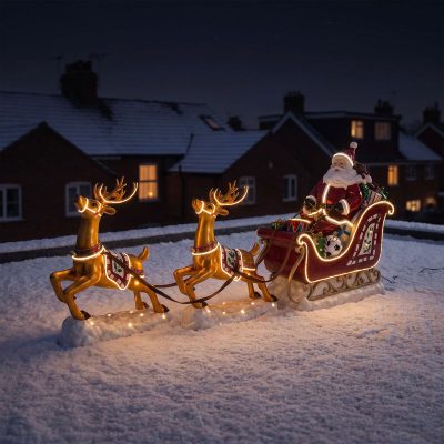 3ft High Large Christmas Reindeer and Santa Sleigh Set with Warm White LED Strip Lights