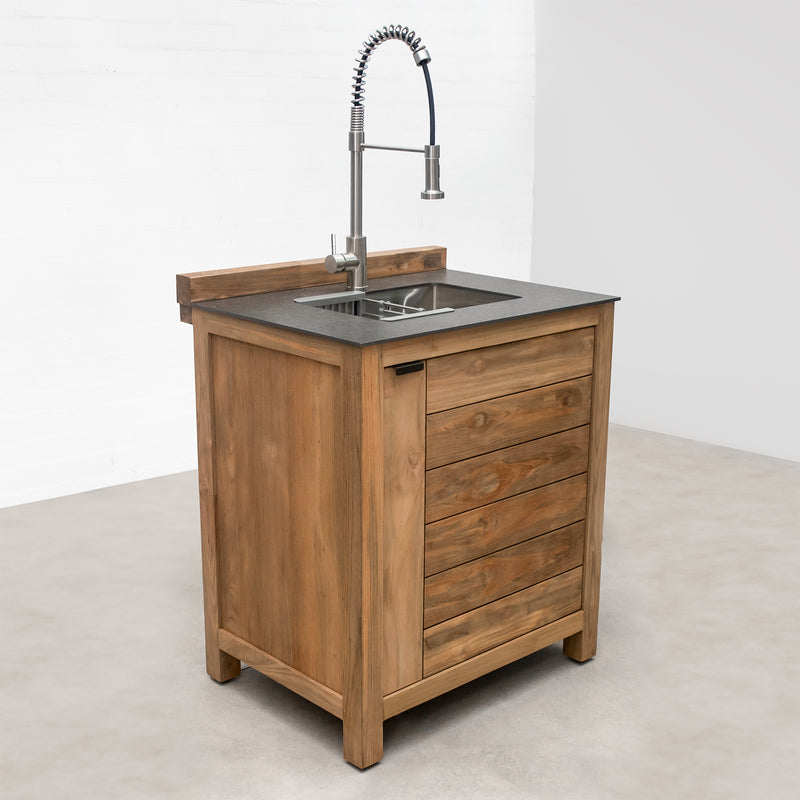 Draco Grills Teak 6 Burner Outdoor Kitchen with Modular Double Cupboard, Single Fridge and Sink - Image 11