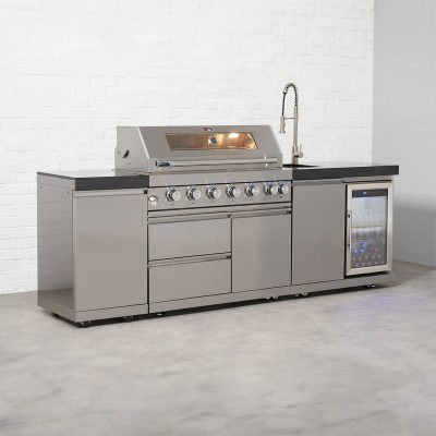 Draco Grills 6 Burner BBQ Modular Outdoor Kitchen with Gas Bottle Cabinet, Single Fridge and Sink