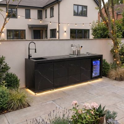 Draco Grills Horizon Sintered Stone Linear Outdoor Kitchen with 4 Burner Barbecue