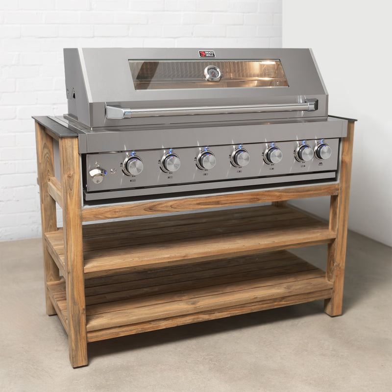 Draco Grills Teak 6 Burner Outdoor Kitchen with Modular Double Cupboard, Single Fridge and Sink - Image 2