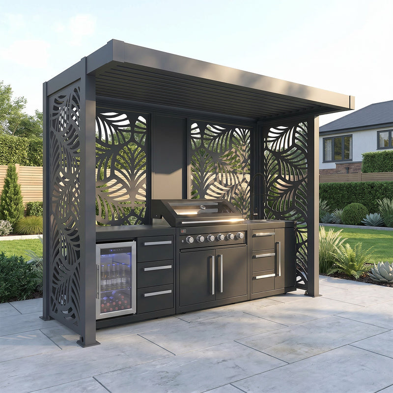 Bracken Outdoors Grey Aluminium BBQ Pergola with Botanica Back and Side Panels