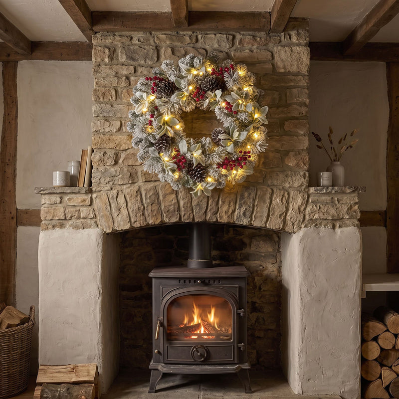 The Christmas Centre Crimson Frost 26in (66cm) Prelit Christmas Wreath with Warm White Battery Operated LED Lights - Image 2